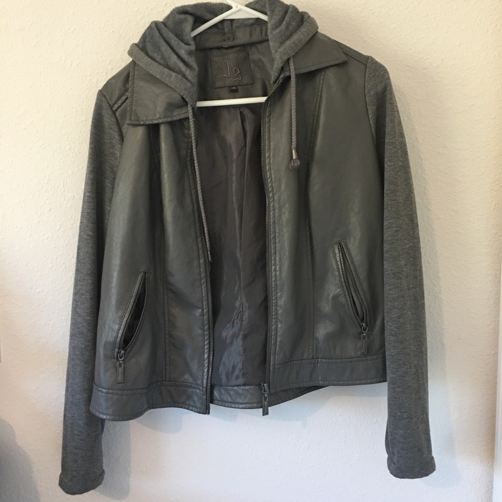grey faux leather jacket with hoodie style sleeves